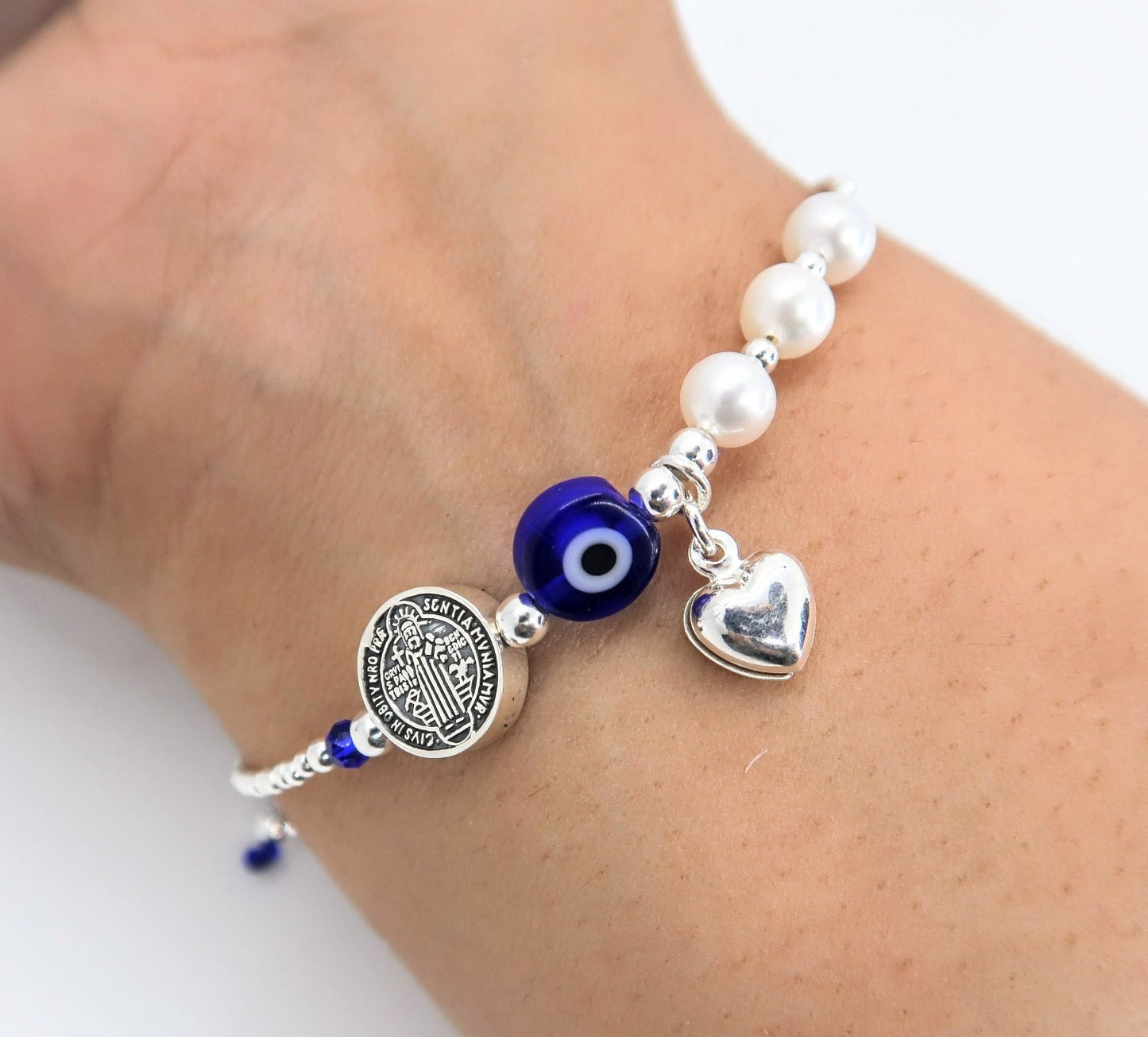 Pulsera San Benito, Ojo, Corazon de Plata